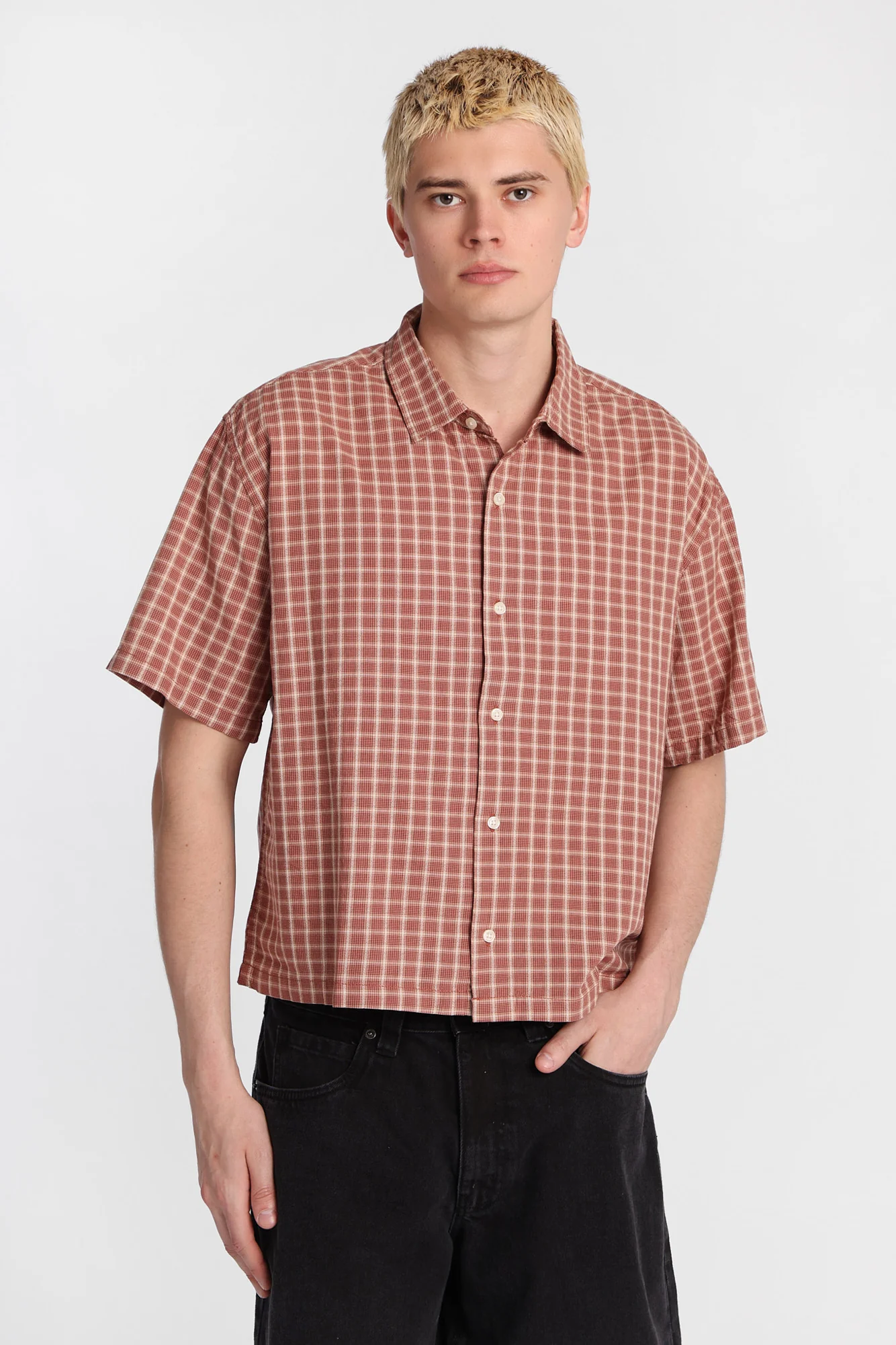 Cropped Plaid Short Sleeve Button-Up Shirt - Image 10