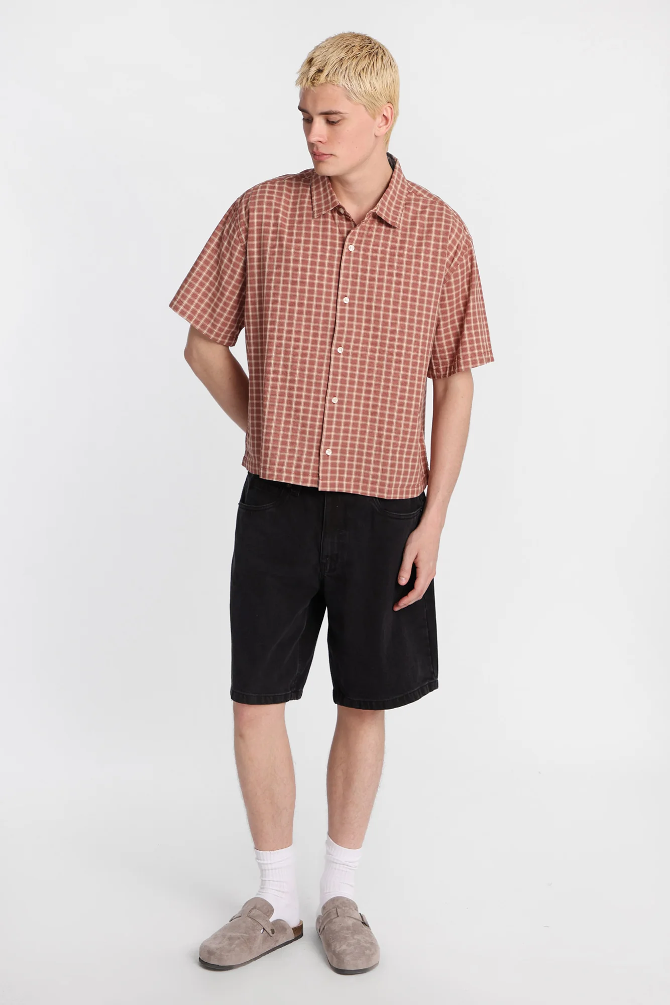 Cropped Plaid Short Sleeve Button-Up Shirt - Image 13