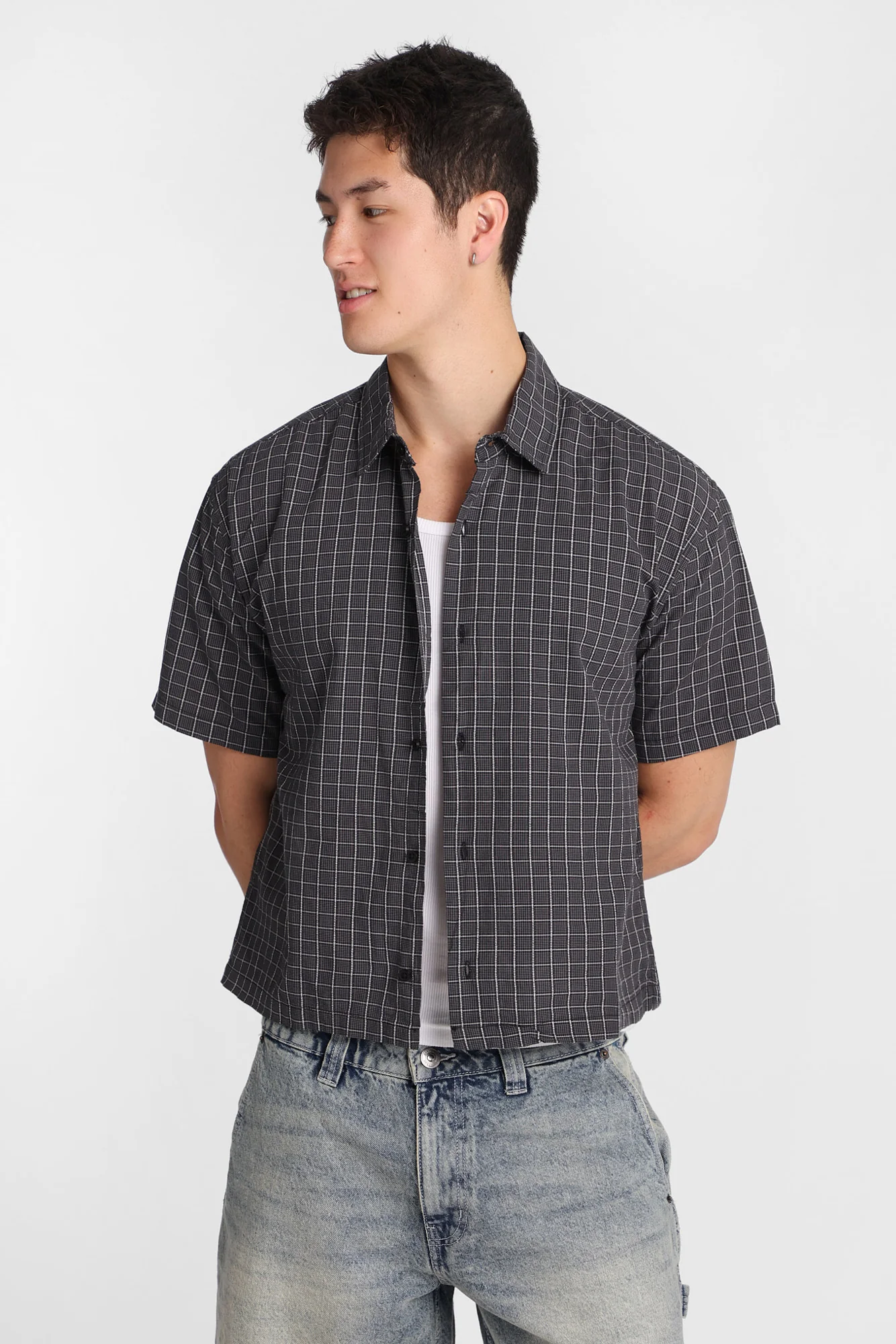 Cropped Plaid Short Sleeve Button-Up Shirt