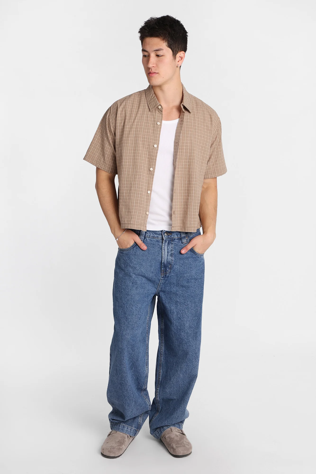 Cropped Plaid Short Sleeve Button-Up Shirt - Image 9