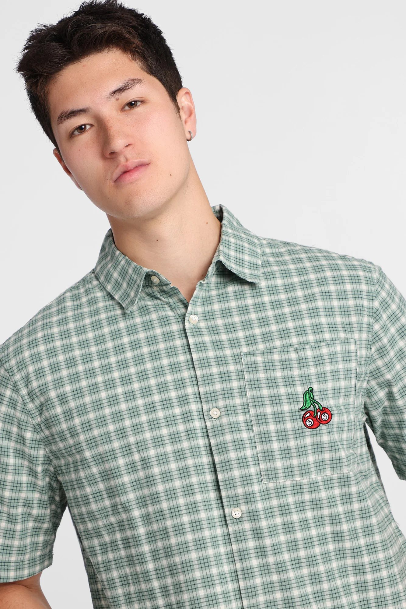 Cherry Embroidered Plaid Button-Up Shirt - Image 2