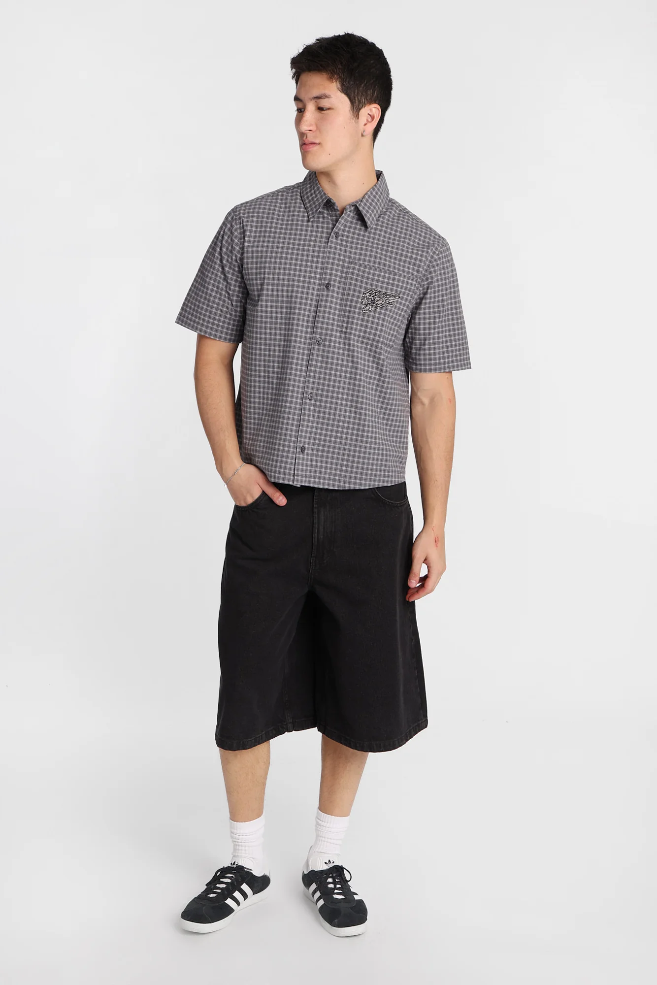 Skull Embroidered Plaid Button-Up Shirt - Image 4