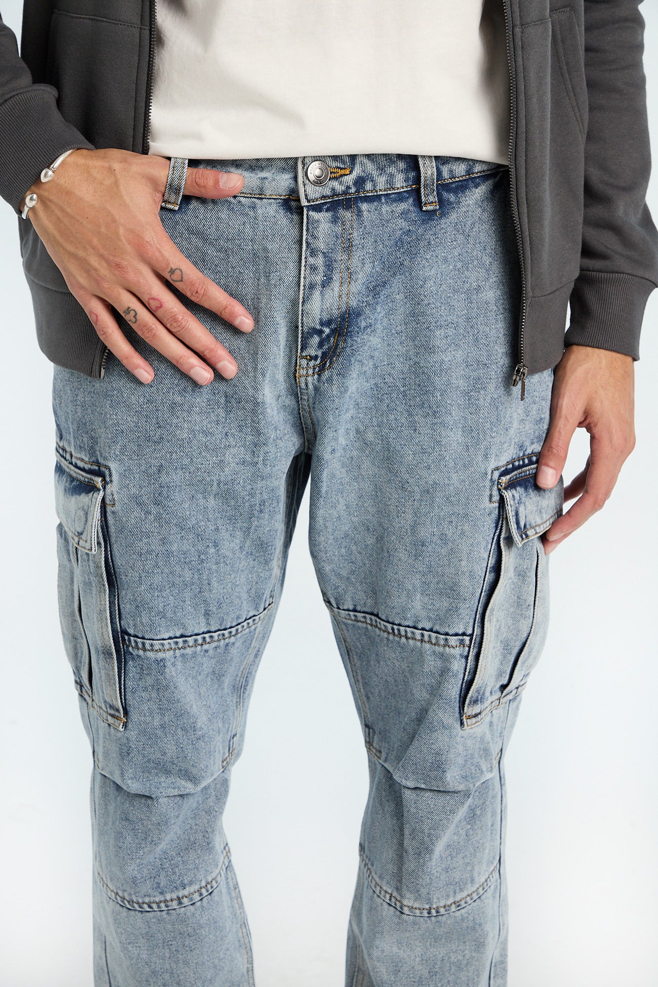 Mens Light Stonewash Cargo Jeans - Image 3