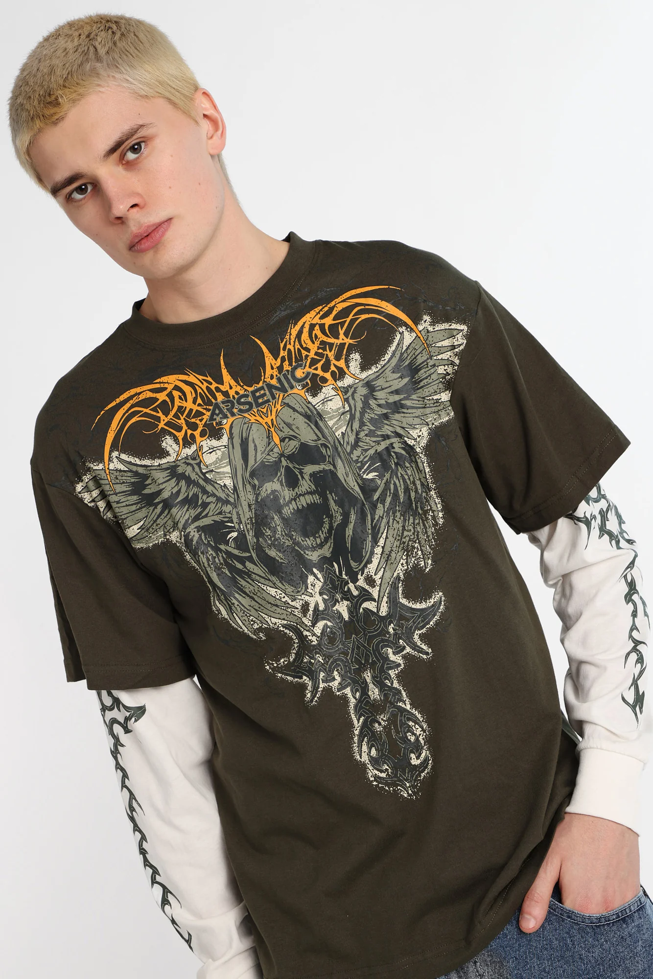 T-shirt à manches longues superposé imprimé crâne Arsenic - Image 7